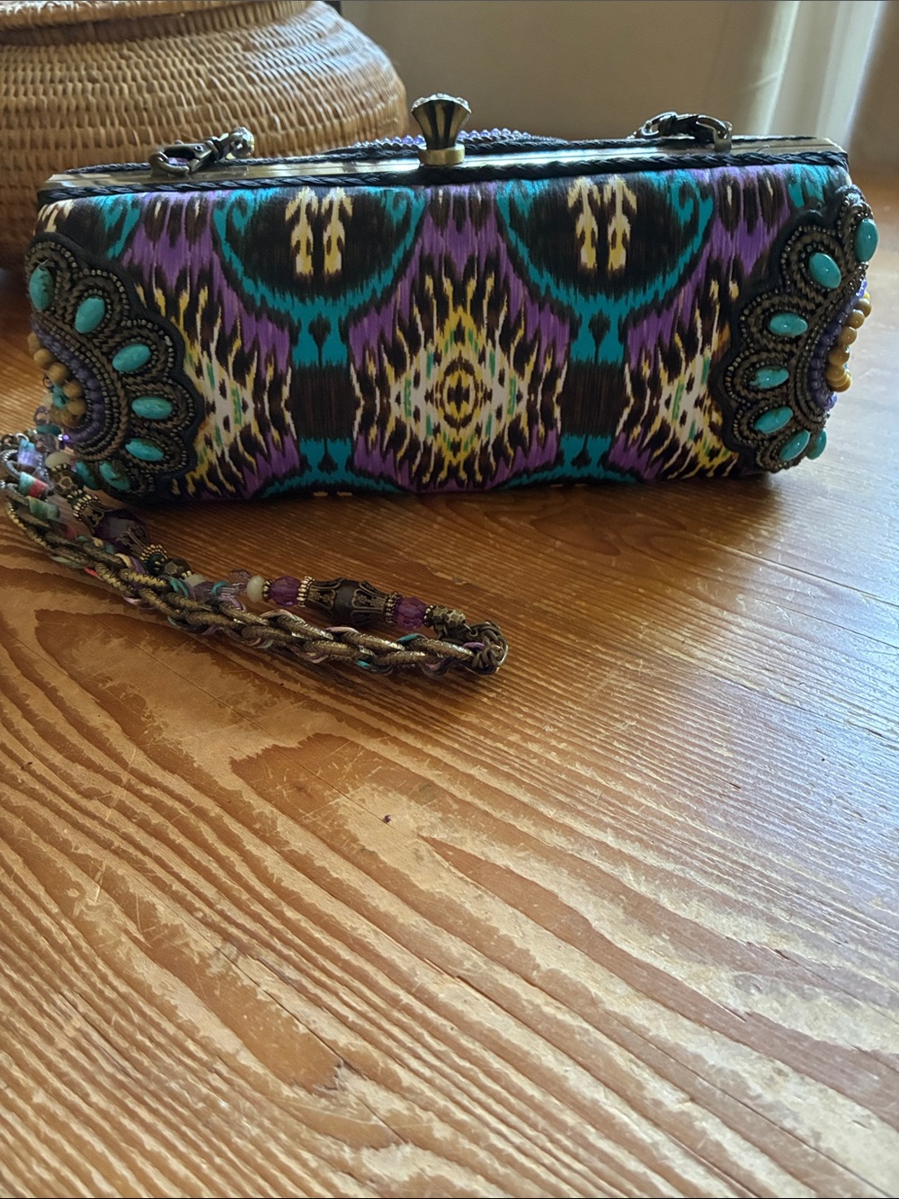 Sensational Mary Frances Natural, Crystal & Painted Stones Ikat Clutch Bag - Picture 6 of 16